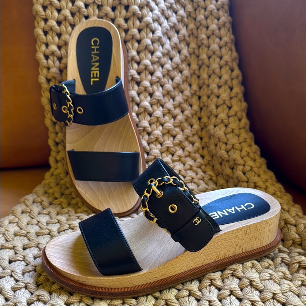 CHANEL Black and Gold Sandals